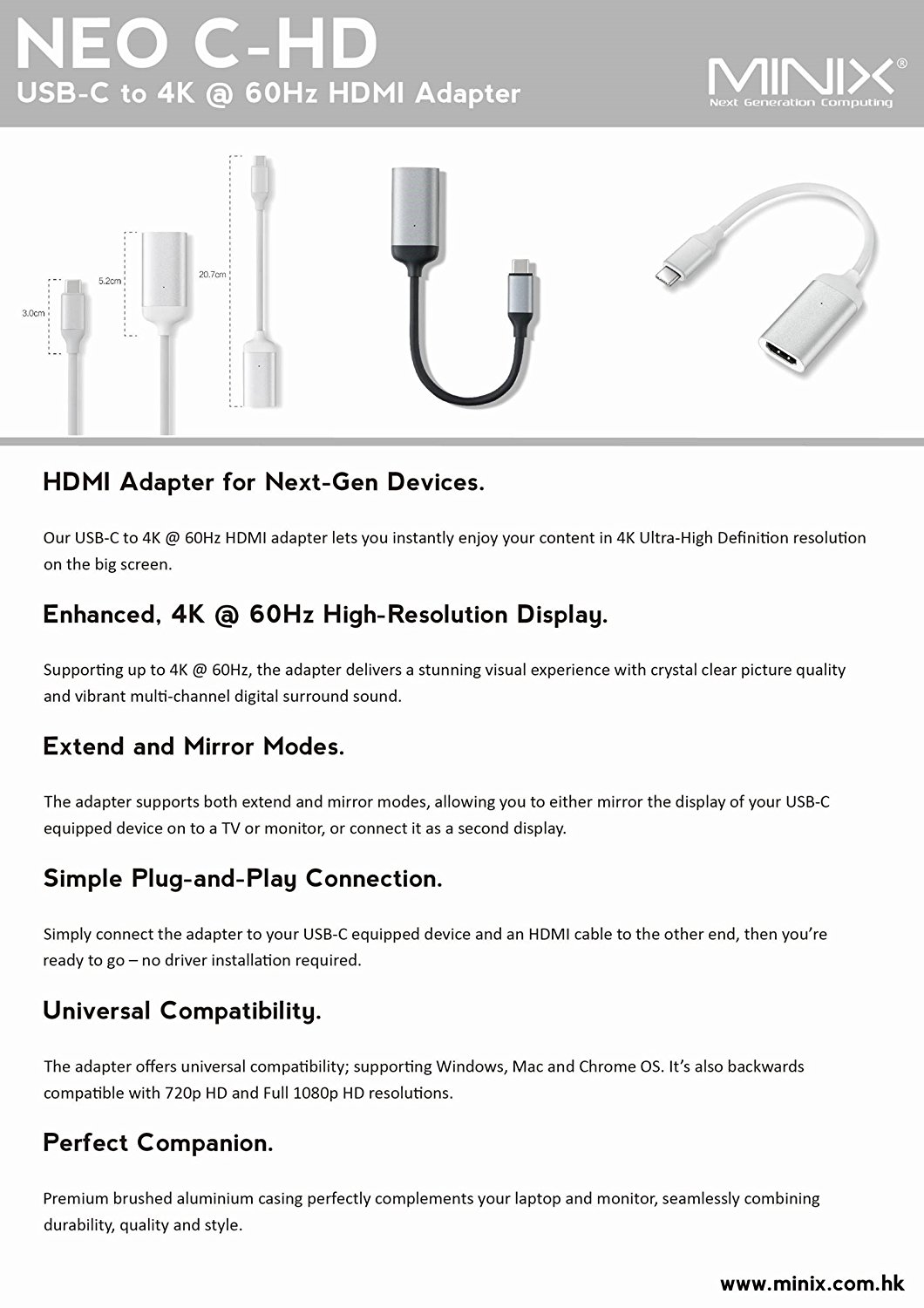 MINIX NEO C-HD, Premium USB-C to 4K @ 60Hz HDMI Adapter [Universal Compatibility – Windows, Mac and Chrome OS]